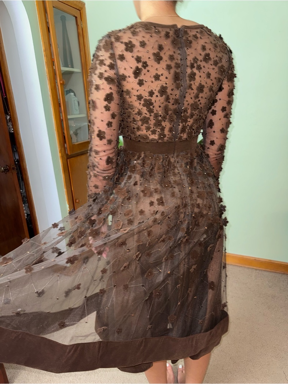 Mac Duggal Brown Embellished Velvet Trim A-Line Midi Dress | Size 2 | NWOT - Picture 8 of 14
